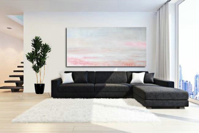 Handmade Large Painting,Large Panoramic Abstract Landscape Art On Canvas,Hand Painted Acrylic Painting,Grey,Pink,White.etc